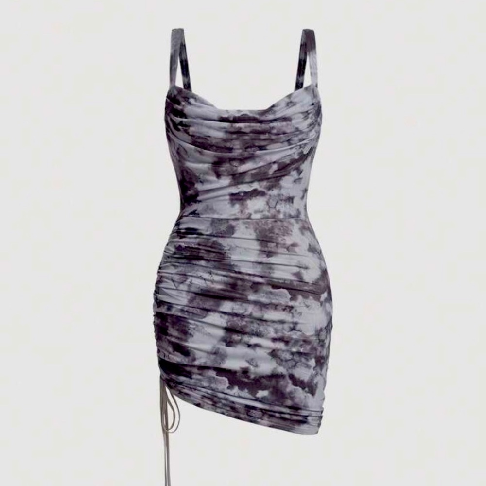 Like New Black & Grey Tie Dye Bodycon Drape Cowl Mini Dress XS